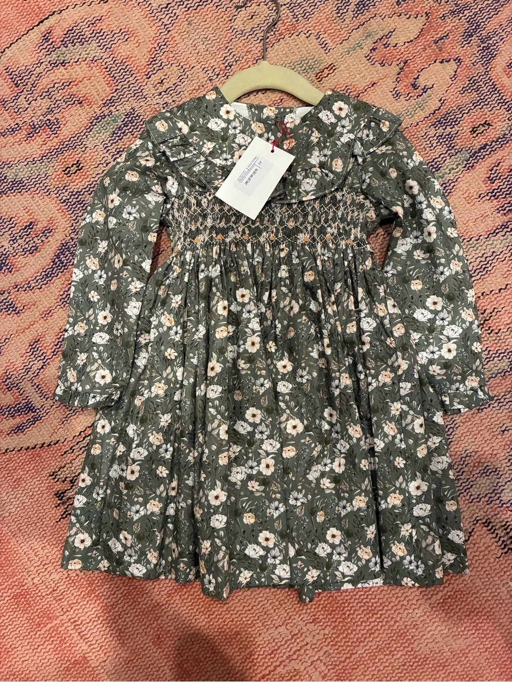 La Coqueta Green Floral Long Sleeve Dress with Tie Waist, 5T